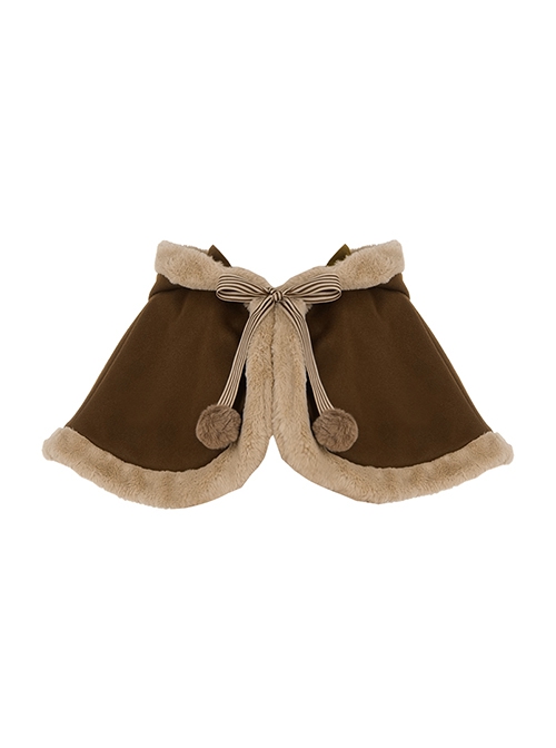 Fluffy Deer Series Warm Brown 3D Small Antlers Fur Ball Bell Bowknot Tie Sleeveless Bud Dress JSK Woolen Cloak Leg Sleeves Set