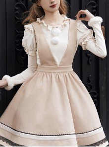 Soft Waxy Fur Ball Autumn Winter Slim Fit Ruffled Puff Sleeves Woolen Strips Long Sleeves Versatile Sweet Lolita Shirt