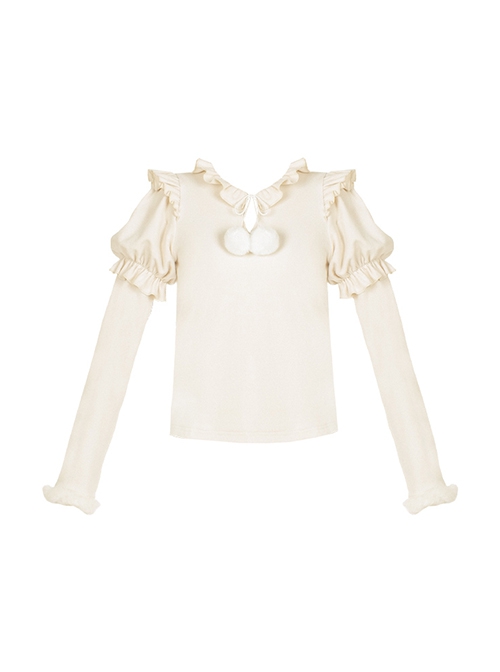 Soft Waxy Fur Ball Autumn Winter Slim Fit Ruffled Puff Sleeves Woolen Strips Long Sleeves Versatile Sweet Lolita Shirt