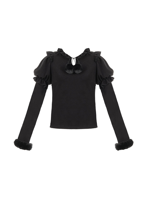 Soft Waxy Fur Ball Autumn Winter Slim Fit Ruffled Puff Sleeves Woolen Strips Long Sleeves Versatile Sweet Lolita Shirt