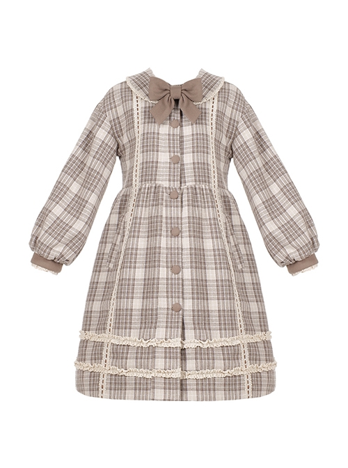 College Style Milky Coffee Color Khaki Plaid Patterned Woolen Autumn Winter Sweet Lolita Doll Collar Loose Lantern Sleeves Coat