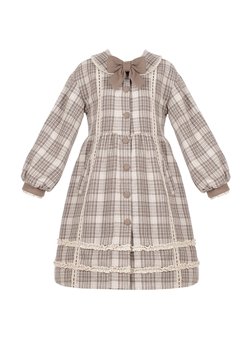 College Style Milky Coffee Color Khaki Plaid Patterned Woolen Autumn Winter Sweet Lolita Doll Collar Loose Lantern Sleeves Coat