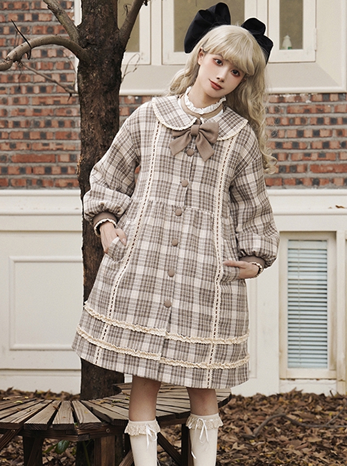 College Style Milky Coffee Color Khaki Plaid Patterned Woolen Autumn Winter Sweet Lolita Doll Collar Loose Lantern Sleeves Coat