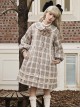 College Style Milky Coffee Color Khaki Plaid Patterned Woolen Autumn Winter Sweet Lolita Doll Collar Loose Lantern Sleeves Coat