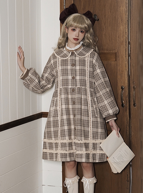 College Style Milky Coffee Color Khaki Plaid Patterned Woolen Autumn Winter Sweet Lolita Doll Collar Loose Lantern Sleeves Coat