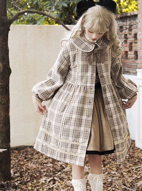 College Style Milky Coffee Color Khaki Plaid Patterned Woolen Autumn Winter Sweet Lolita Doll Collar Loose Lantern Sleeves Coat