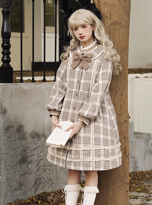 College Style Milky Coffee Color Khaki Plaid Patterned Woolen Autumn Winter Sweet Lolita Doll Collar Loose Lantern Sleeves Coat