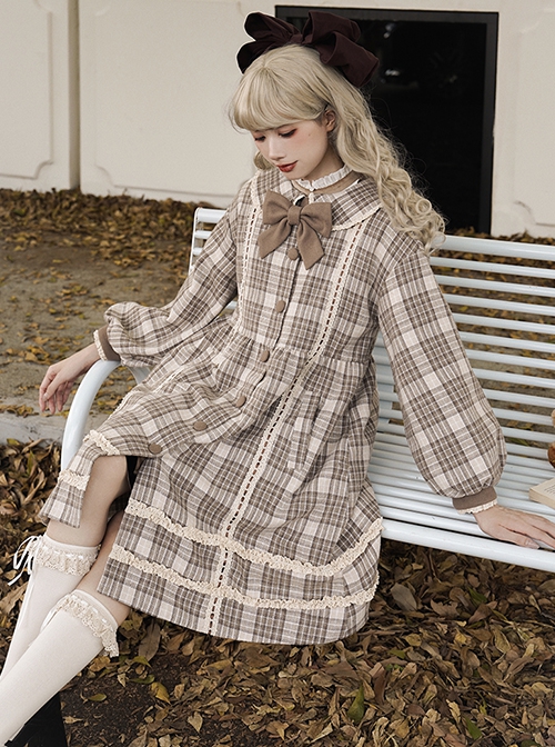 College Style Milky Coffee Color Khaki Plaid Patterned Woolen Autumn Winter Sweet Lolita Doll Collar Loose Lantern Sleeves Coat