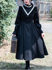 Olivia Series Black Small Stand Collar Ruffles White Round Splice V Shape Line Elegant Large Hem Gothic Lolita Lantern Long Sleeve Dress