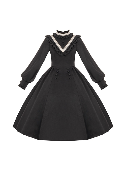 Olivia Series Black Small Stand Collar Ruffles White Round Splice V Shape Line Elegant Large Hem Gothic Lolita Lantern Long Sleeve Dress