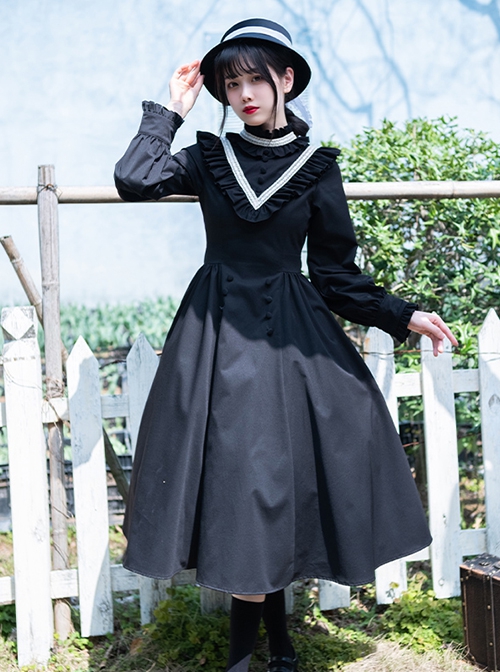 Olivia Series Black Small Stand Collar Ruffles White Round Splice V Shape Line Elegant Large Hem Gothic Lolita Lantern Long Sleeve Dress