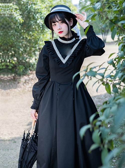 Olivia Series Black Small Stand Collar Ruffles White Round Splice V Shape Line Elegant Large Hem Gothic Lolita Lantern Long Sleeve Dress