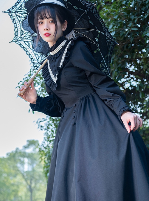 Olivia Series Black Small Stand Collar Ruffles White Round Splice V Shape Line Elegant Large Hem Gothic Lolita Lantern Long Sleeve Dress