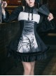 Sleep Talk Series Chinese Style Black White Ink Orchid Print Chinese Knot Pleated Waist Long Puff Sleeves Short Cheongsam Gothic Lolita Dress