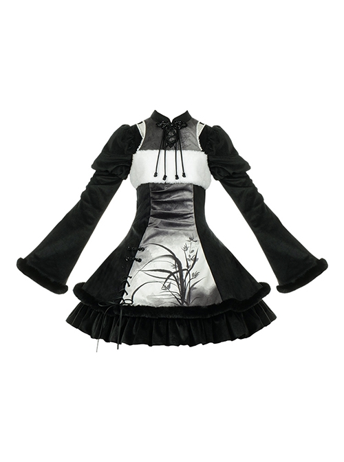 Sleep Talk Series Chinese Style Black White Ink Orchid Print Chinese Knot Pleated Waist Long Puff Sleeves Short Cheongsam Gothic Lolita Dress