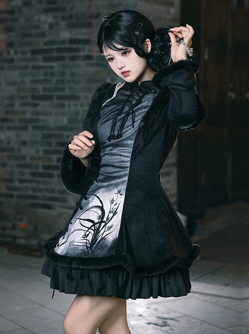 Sleep Talk Series Chinese Style Black White Ink Orchid Print Chinese Knot Pleated Waist Long Puff Sleeves Short Cheongsam Gothic Lolita Dress