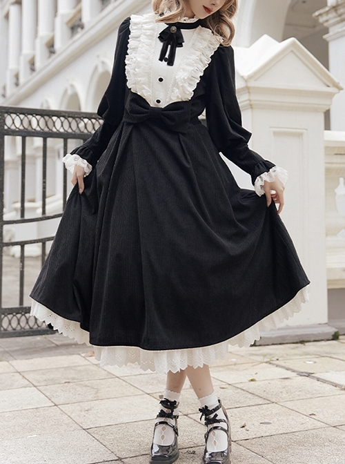 Silent Poem Series Black Nun Autumn Winter White Ruffles Lace Classic Retro Gothic Style Lamb Leg Sleeves Dress