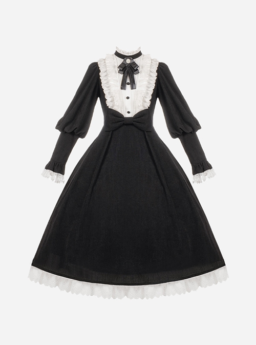 Silent Poem Series Black Nun Autumn Winter White Ruffles Lace Classic Retro Gothic Style Lamb Leg Sleeves Dress