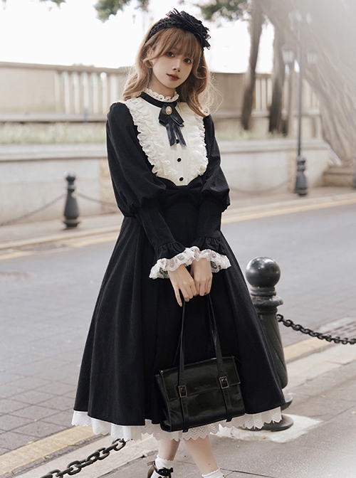 Silent Poem Series Black Nun Autumn Winter White Ruffles Lace Classic Retro Gothic Style Lamb Leg Sleeves Dress