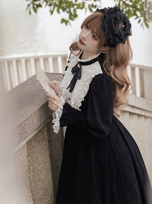 Silent Poem Series Black Nun Autumn Winter White Ruffles Lace Classic Retro Gothic Style Lamb Leg Sleeves Dress