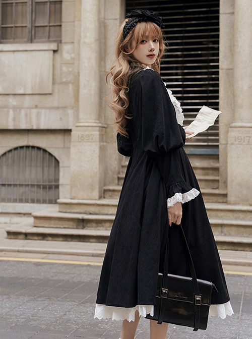 Silent Poem Series Black Nun Autumn Winter White Ruffles Lace Classic Retro Gothic Style Lamb Leg Sleeves Dress