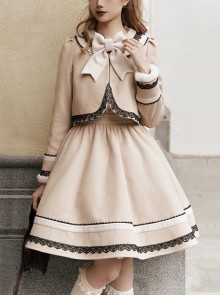 Sunset Heart Beating Agreement Series College Style Camel Khaki Contrast Color Lace Simple Daily School Lolita Dress Coat Set