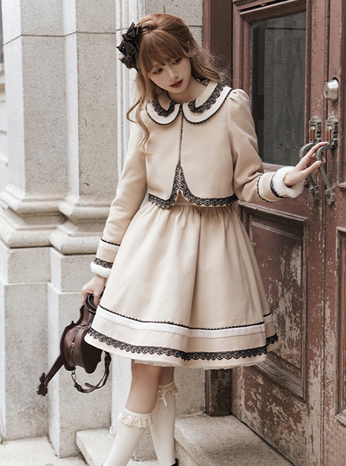 Sunset Heart Beating Agreement Series College Style Camel Khaki Contrast Color Lace Simple Daily School Lolita Dress Coat Set