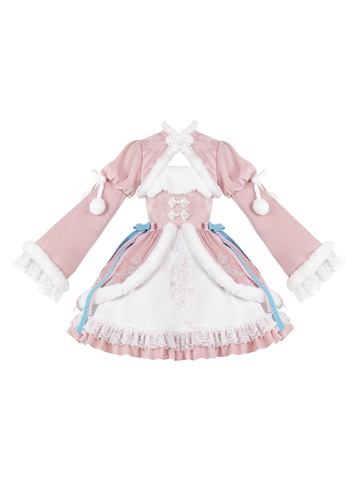 Peach Blossom Fan Series Pink Chinese Style Velvet Embroidery White Fluffy Hair Ball Lace Bowknot Puff Sleeve Short Coat Sleeveless Dress JSK