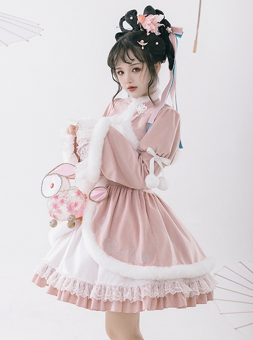 Peach Blossom Fan Series Pink Chinese Style Velvet Embroidery White Fluffy Hair Ball Lace Bowknot Puff Sleeve Short Coat Sleeveless Dress JSK