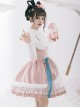 Peach Blossom Fan Series Pink Chinese Style Velvet Embroidery White Fluffy Hair Ball Lace Bowknot Puff Sleeve Short Coat Sleeveless Dress JSK