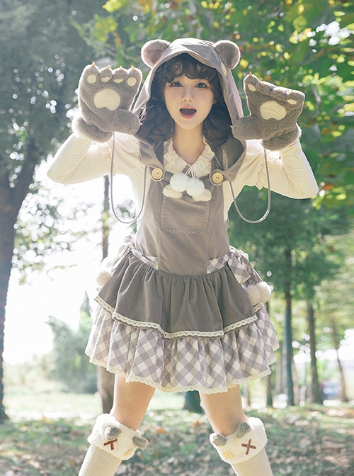 Pillow Doll Series Gray Low Waist Cartoon Buttons Gloves Patchwork Plaid Short Sleeveless Bear Ears Hooded Dress JSK