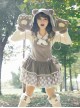 Pillow Doll Series Gray Low Waist Cartoon Buttons Gloves Patchwork Plaid Short Sleeveless Bear Ears Hooded Dress JSK