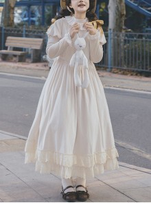 Sweet Tea Series Apricot Large Skirt Extended Hem Inside Round Neckline Ruffled Puff Long Straight Sleeves Classic Lolita Dress