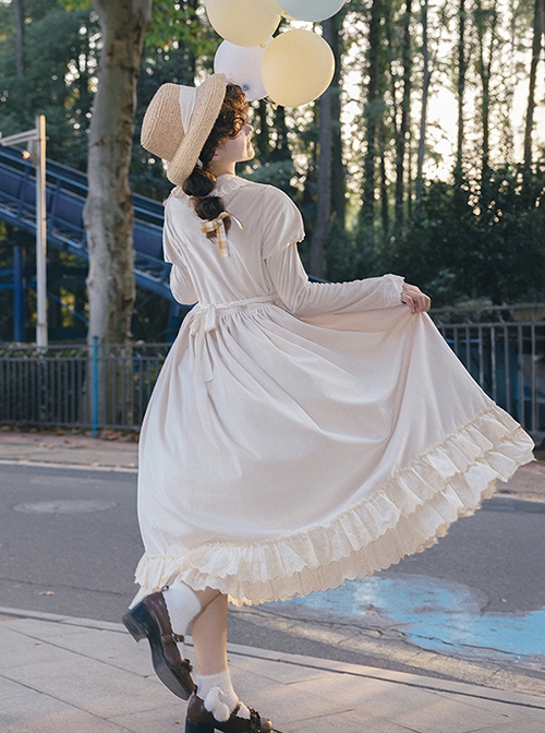 Sweet Tea Series Apricot Large Skirt Extended Hem Inside Round Neckline Ruffled Puff Long Straight Sleeves Classic Lolita Dress