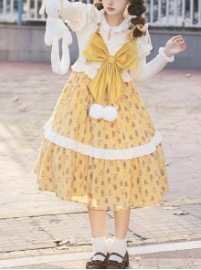 Bright Ginger Yellow Autumn Winter Retro Cute Childlike Innocence Bear Bunny Print Large Bowknot Suspender Sleeveless Dress