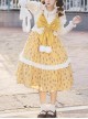 Bright Ginger Yellow Autumn Winter Retro Cute Childlike Innocence Bear Bunny Print Large Bowknot Suspender Sleeveless Dress