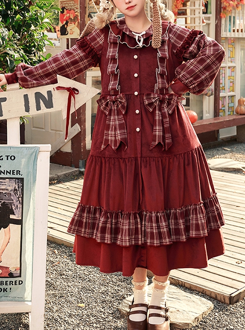 Winter Red Velvet Christmas Style Wine Red Ruffled Crew Neckline Spliced Plaid Long Sleeves Sweet Lolita Long Dress OP