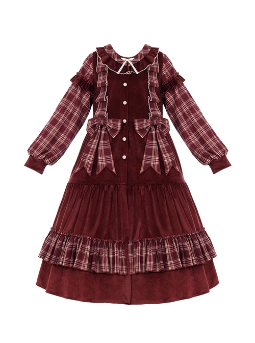 Winter Red Velvet Christmas Style Wine Red Ruffled Crew Neckline Spliced Plaid Long Sleeves Sweet Lolita Long Dress OP