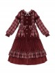 Winter Red Velvet Christmas Style Wine Red Ruffled Crew Neckline Spliced Plaid Long Sleeves Sweet Lolita Long Dress OP