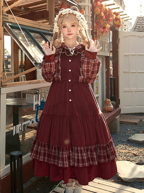 Winter Red Velvet Christmas Style Wine Red Ruffled Crew Neckline Spliced Plaid Long Sleeves Sweet Lolita Long Dress OP