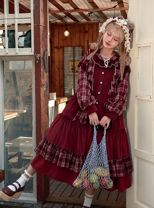 Winter Red Velvet Christmas Style Wine Red Ruffled Crew Neckline Spliced Plaid Long Sleeves Sweet Lolita Long Dress OP