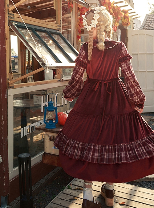 Winter Red Velvet Christmas Style Wine Red Ruffled Crew Neckline Spliced Plaid Long Sleeves Sweet Lolita Long Dress OP