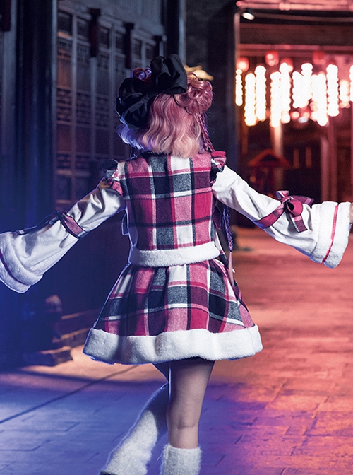 Night City Fantasy Series Hottie Chinese Style Sweet Lolita Lucky Cloud Buckle Butterfly Print Black Pink Plaid Coat Skirt Set