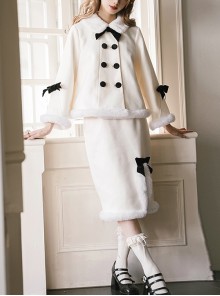 Winter Love Letter Series Contrast Color Bow Double Breasted Elegant Cute Snow White Plush Collar Classic Lolita Coat Skirt Set
