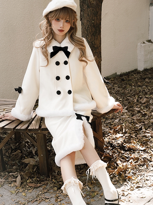 Winter Love Letter Series Contrast Color Bow Double Breasted Elegant Cute Snow White Plush Collar Classic Lolita Coat Skirt Set