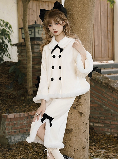 Winter Love Letter Series Contrast Color Bow Double Breasted Elegant Cute Snow White Plush Collar Classic Lolita Coat Skirt Set