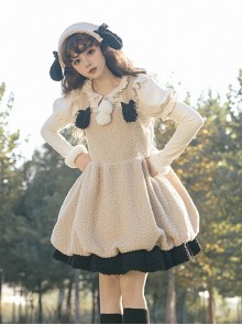 Lamb Ollie Series Apricot Cute Soft Lambswool Stitched Black Bowknot Belt Ruffled Hem Sweet Lolita Sleeveless Dress JSK Set