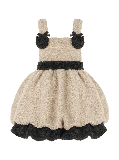 Lamb Ollie Series Apricot Cute Soft Lambswool Stitched Black Bowknot Belt Ruffled Hem Sweet Lolita Sleeveless Dress JSK Set