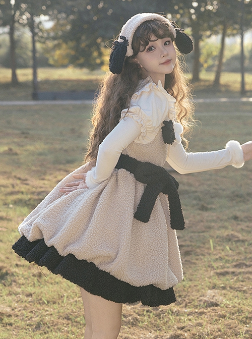 Lamb Ollie Series Apricot Cute Soft Lambswool Stitched Black Bowknot Belt Ruffled Hem Sweet Lolita Sleeveless Dress JSK Set