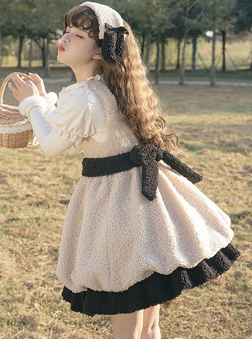 Lamb Ollie Series Apricot Cute Soft Lambswool Stitched Black Bowknot Belt Ruffled Hem Sweet Lolita Sleeveless Dress JSK Set